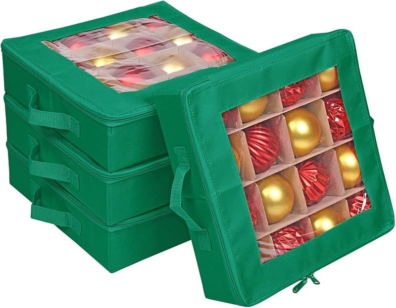 ProPik 4 Pcs Christmas Ornament Storage Boxes with Dividers | 4 Individual Trays Hold 64 Holiday Decoration Balls | Durable Ornaments Organizer Storage Box | Zippered Closure with Handles (Green) - Image 1